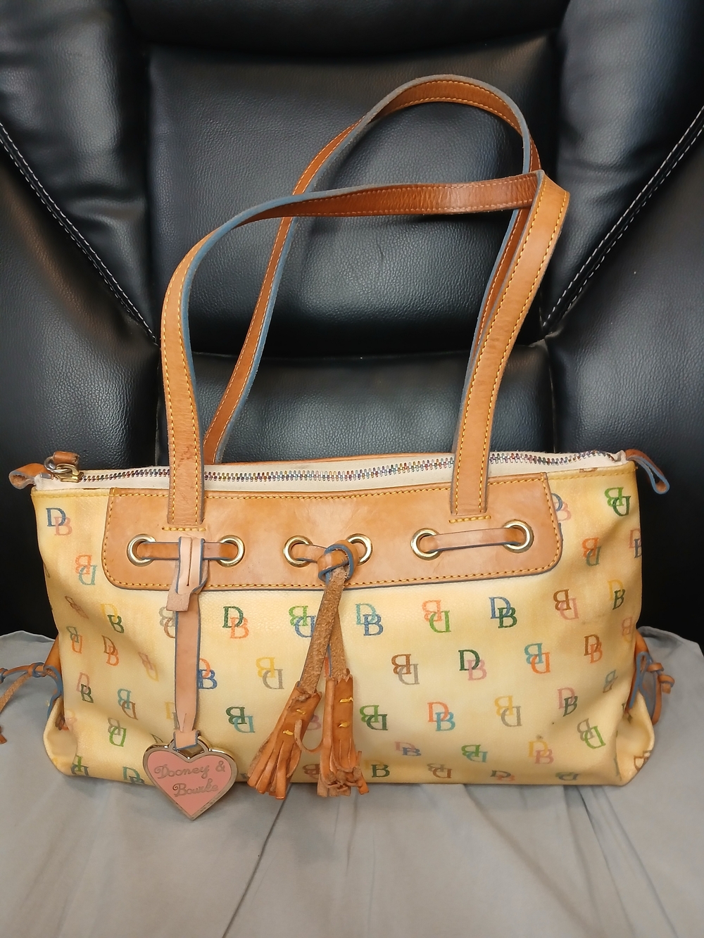 Dooney & Bourke Tan Y2K Logo-Print Leather Trim Shoulder Bag